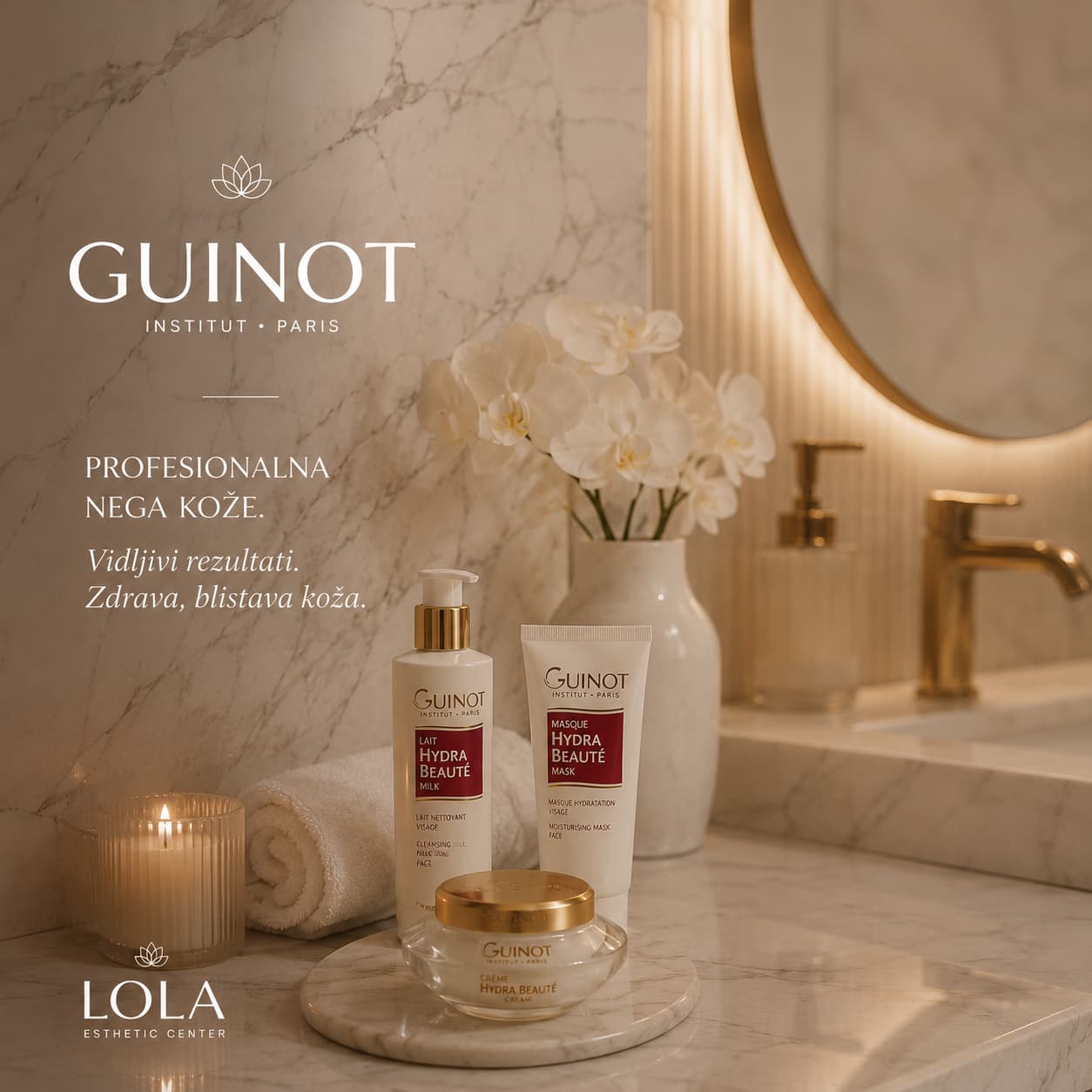 Guinot kreme za lice prilagođene raznim tipovima kože izložene na kozmetičkom stolu u salonu Lola Esthetic u Beogradu